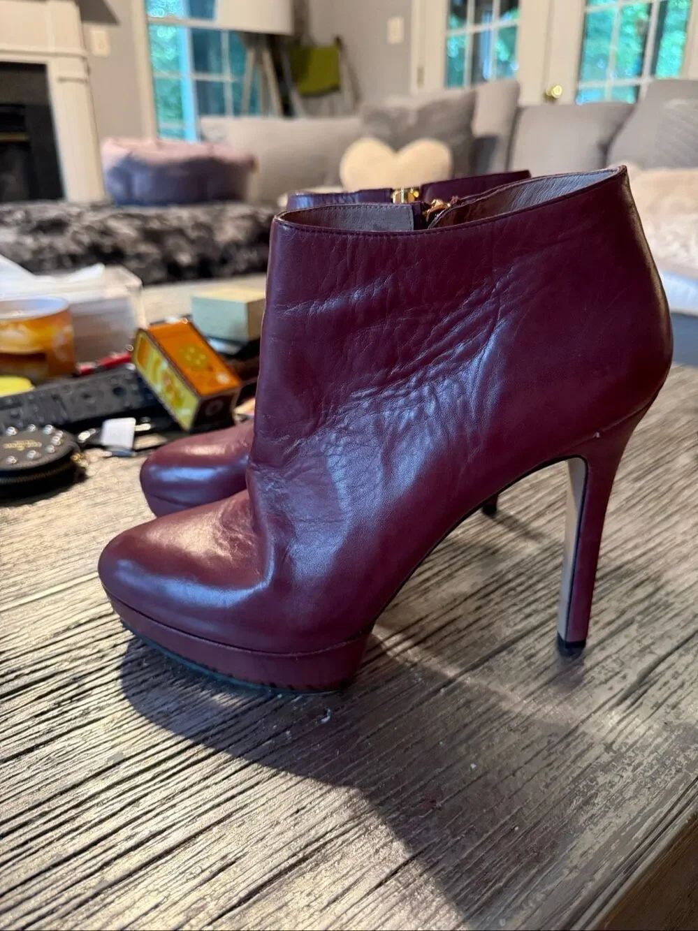 Vince Camuto Dira Plum Burgundy Leather Platform Stiletto Booties Sz 11 EUC